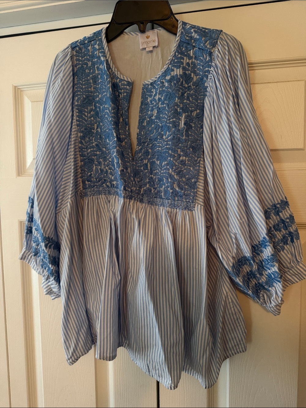 J. Marie Light Blue Striped Top with Blue Floral Embroidery